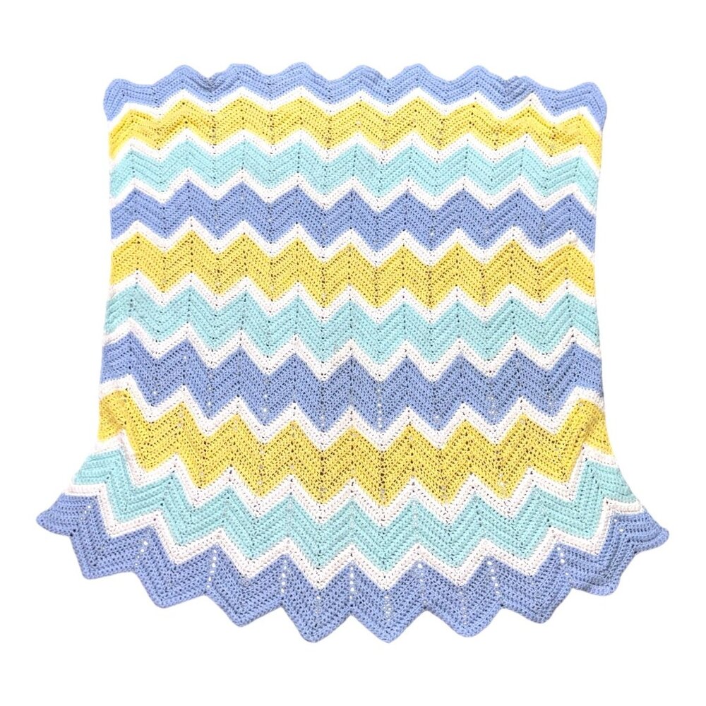 Handmade Chevron Baby Blanket In Blue Yellow Shower Gift Crochet Nursery Throw